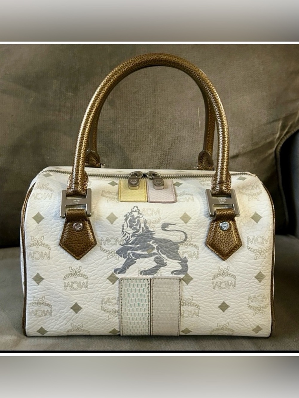 MCM Limited Edition Visetos Princess Lion Boston Bag Leather Monogram White